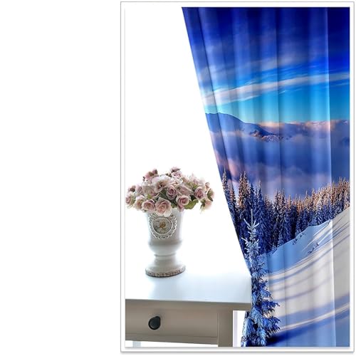 Cortinas azul gris para dormitorio con estampado de bosque nevado vintage en dos paneles 4