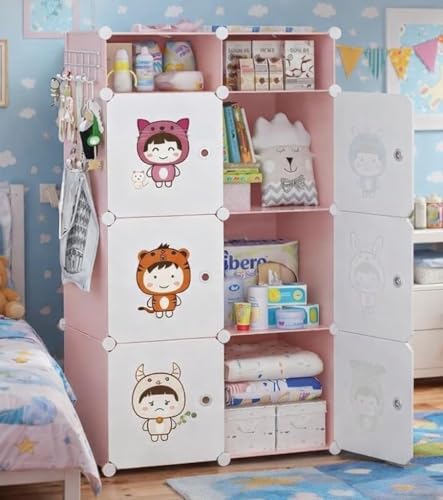 Image of EXVITO Collapsible Wardrobe Storage Cabinet | 6+2 Door Plastic Modular Clothes Organizer for Kids | Foldable Wardrobe Storage Rack with Hanging Space | Multi-Purpose Kids Closet Organizer - Pink