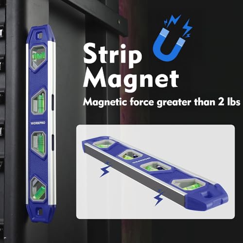 Image of WORKPRO 12 Inch Magnetic Torpedo Level, Blue | Aluminum Frame, 4 Bubbles with Pitch Vial, V-Groove for Conduit, for Plumbers, Electricians, Carpenters & DIYers