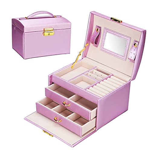 Podazz Boîte à bijoux en cuir pour femme avec miroir pour boucles d'oreilles, colliers, bagues, cadeau de Noël, fête des mères, anniversaire(Violet)
