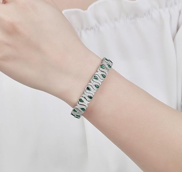 Pear Cut Created Emerald Bracelet for Women 18K Gold Plated Birthstone Bracelets 3 * 5MM S925 Sterling Silver Tennis Bracelet Green Bracelets Birthday Jewelry (Width 10MM)4
