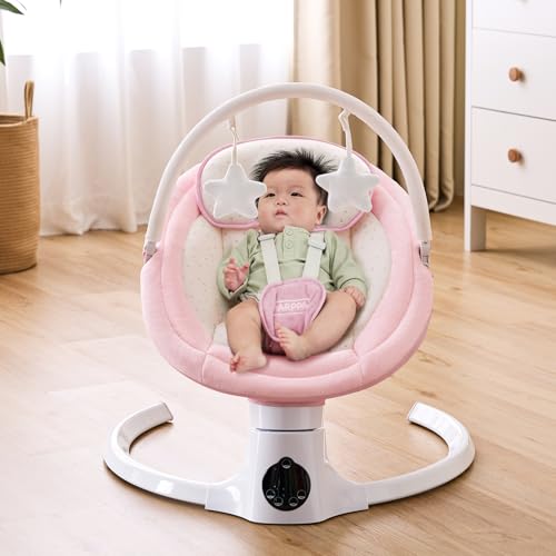 Image of HARPPA Weddell Lite Baby Swing for Infants, Electric Swings for Baby, Pink | Infant Swing with 3 Timers, Remote & Touch Panel, 5-Point Harness, 10 Built-in Melodies, and Folds for Easy Storage