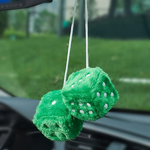 Image of 2.95'' Retro Fuzzy Plush Dice Car Charm Square Rear View Mirror Hanging Ornament Accessories, Green