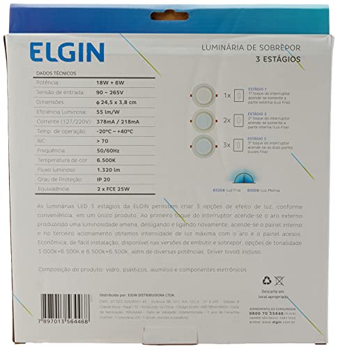 Luminária Led 3 Estágios Redonda De Sobrepor 24w Total 18+6w 6500k/6500k 6500k/6500k Elgin