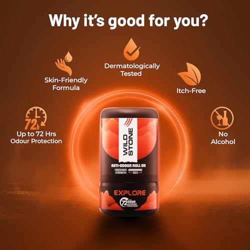 Image of Wild Stone Explore Anti-Odour Roll On For Men, 50ml | Up to 72-Hour Odour Control | Infused with cedarwood oil and Vitamin C | Skin Friendly & Itch Free Deodorant Roll On | Long-Lasting Freshness
