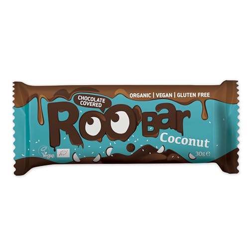 Roobar Kokos-Riegel mit Schokoladenüberzug – 100% Bio, Vegan, Fruchtriegel, milchfrei & glutenfrei, ohne raffinierten Zucker - 16 x 30g Riegel