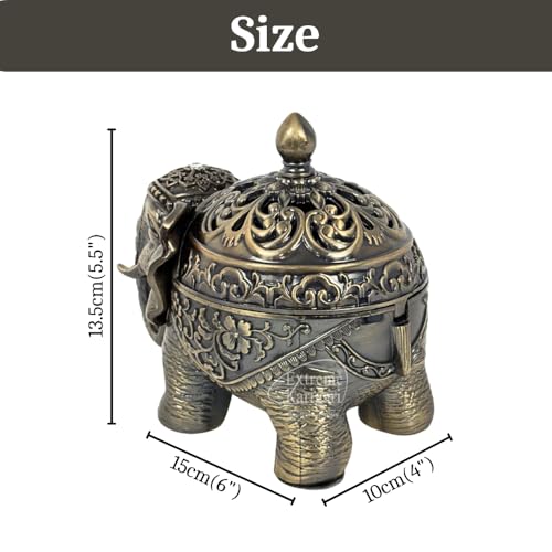 Image of Trunk Down Elephant Incense Cone & Loban Burner, Antique Bronze, Handmade Luxury, Decorative Figurine, Gift Box Pack, Traditional Dhoop Batti Dhuni, Holder