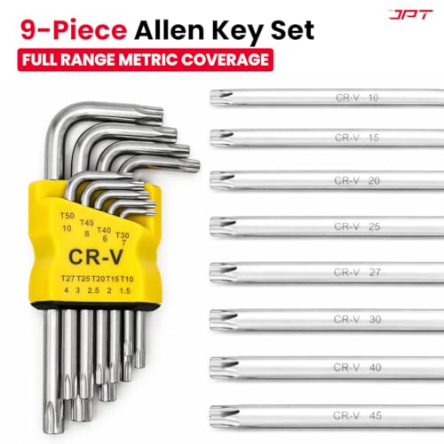Image of JPT 9-Piece Torx Allen Key Set (T10-T50) - 5 Inch L-Type Heavy Duty CR-V Chrome Vanadium Allen Key, Professional Heavy Duty Hex Key Set with Holder for Bike, Car & Industrial Use