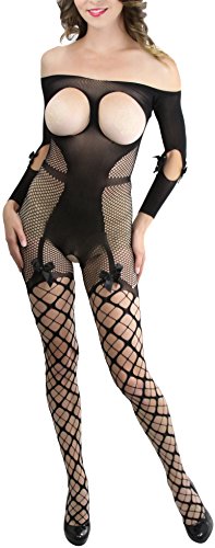 Image of ToBeInStyle Women's Bodystocking Crotchless Peek-A-Boo Fishnet Lace Bodysuit