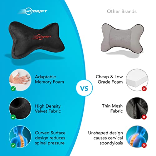 Image of Neodrift 'NeckBone' - Neck Rest Cushion Orthopedic Velvet Memory Foam Pillow for Neck, Head, Shoulder Support - Pain Relief for Car, Set of 2 (Colour-Black+Red)