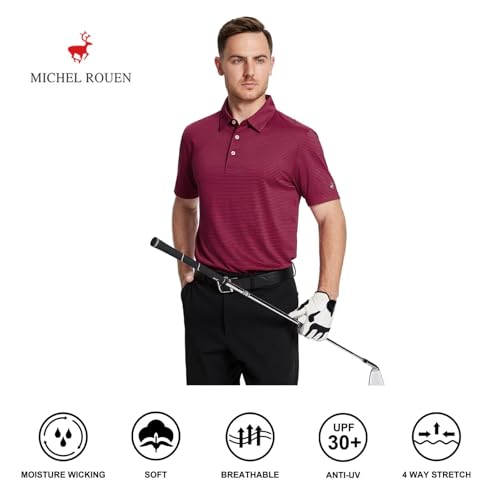 Image of Mens Golf Shirt Moisture Wicking Dry Fit Performance Sport Short Sleeve Striped Golf Polo Shirts for Men