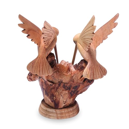 Escultura artesanal de madera, pareja de colibríes 7.5" H x 6" W miniatura 3