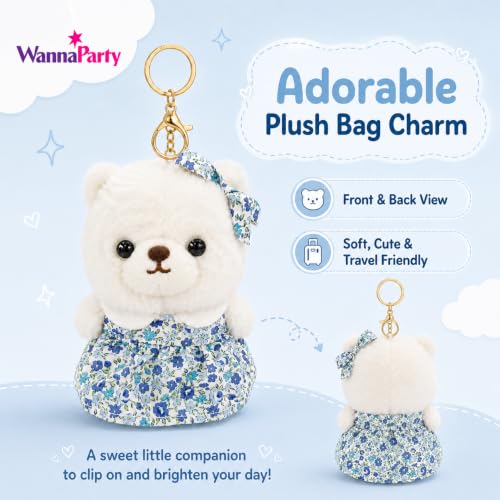 Image of Wanna Party White Teddy Bear Plush Keychain, Cute Soft Bear Bag Charm with Blue Floral Dress