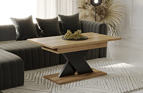 Endo-Moebel Couchtisch Ilo 110-140 cm Esstisch erweiterbar Akzentstreifen in Schwarz Wohnzimmertisch (Wotan Eiche)