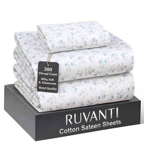 RUVANTI 100% Cotton Sheets Twin XL Size Bed Set - 300 Thread Count Silky Soft Sateen Weave, Cooling, Lightweight & Breathable, 16" Deep Pocket, Durable & Luxury Satin-Like, 3 Piece, Blooming Stamp by RUVANTI - Used condition - US$22.99