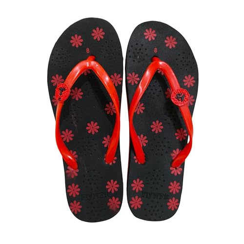 Image of Women's Flip Flops, Red Color,Floral Print, Casual Slippers