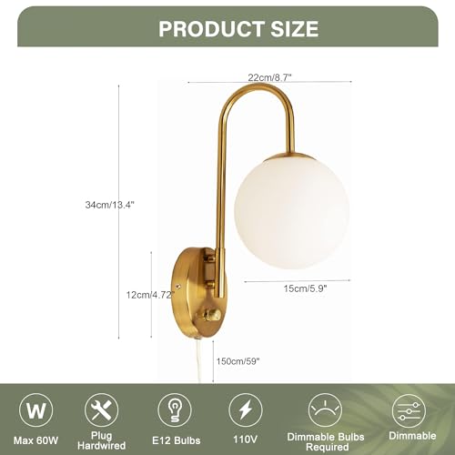 Image of Plug in Wall Sconces Decor Set of Two, Modern Gold Globe Wall Lamp, Stepless Dimmable Gooseneck Wall Light for Living Room Bedroom Hallway, Milky White Glass Shade, 2-Pack E12 Bulb, Optional Hardwired