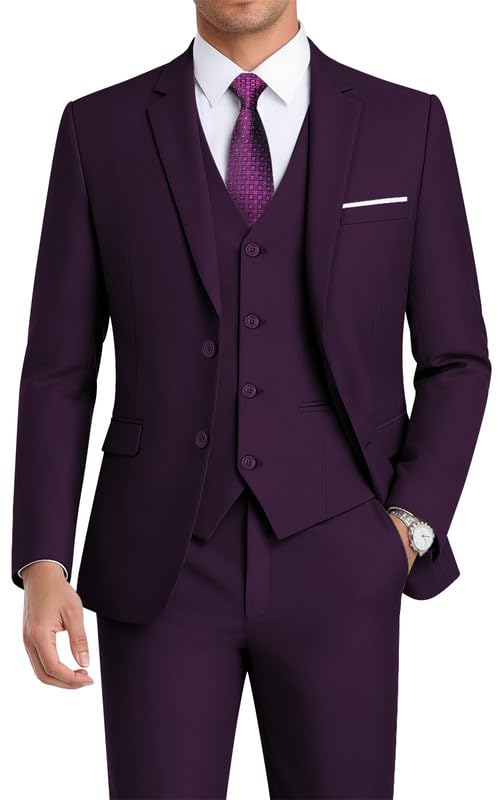 WEEN CHARM Suits for Men,3 Piece Slim Fit Suit Set with 2-Button Blazer,Vest,Pants,Tuxedo for Wedding,Prom,Party,Business Purple