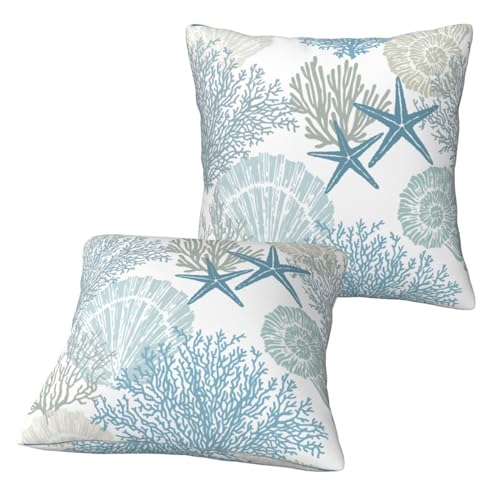 Tebjh Nautical Coastal Beach Pillow Covers 18x18 Set of 2, Ocean Themed Seashell Coral Starfish Throw Pillow Covers Outdoor Decorative Pillow Case for Couch Bed Sofa Cushion Home Decor - Image 9