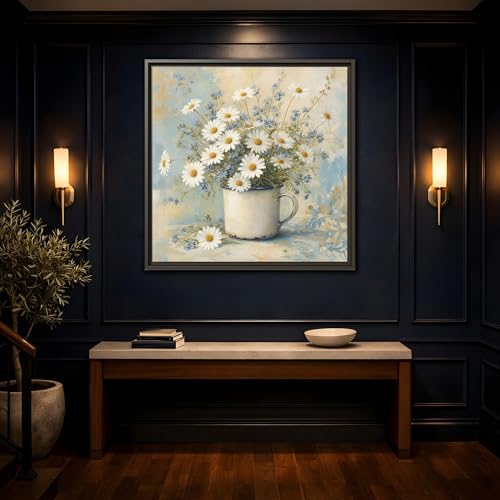 Impression sur toile marguerites blanches 30x30 cm cadre blanc pour salon