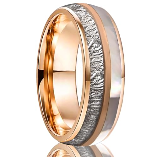 Tungsten Carbide Rings for Men Women 8mm/6mm Silver and Rose Gold Inlaid Meteorite and Shell, Men's Engagement Wedding Bands High Polished