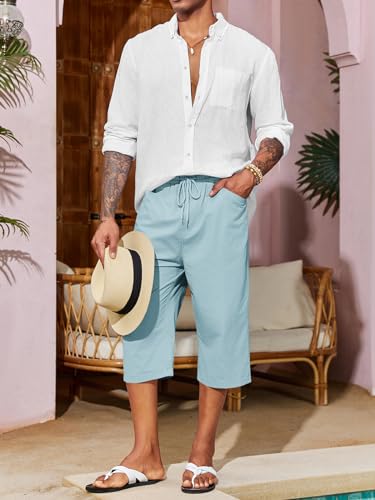 Runcati Mens Harem Capri Pants Casual Elastic Waist Cotton 3/4 Shorts Summer Beach Yoga Tapered Trousers4