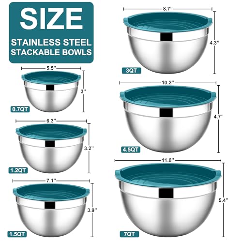 E-far Mixing Bowls with Lids, 12-Piece Stainless Steel Salad Bowls Metal Nesting Bowls for Baking Cooking and Prepping, Airtight Lids & Stackable Design, Size 7, 4.5, 3, 1.5, 1.2, 0.7 QT (Blue)