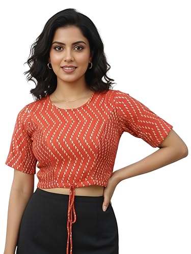 Image of Yash Gallery Women's Rayon Staple Golden Printed Blouse with Bobbin Elastic & Adjustable Front Dori
