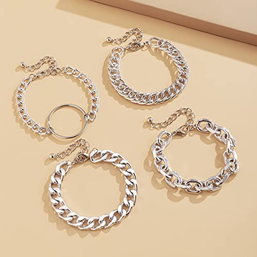 Image of Silver Chunky Chain Bracelet Trendy Wristband Set Open Cirlcle Charm Hand Accessories Punk Fashion Jewelry (Silver)