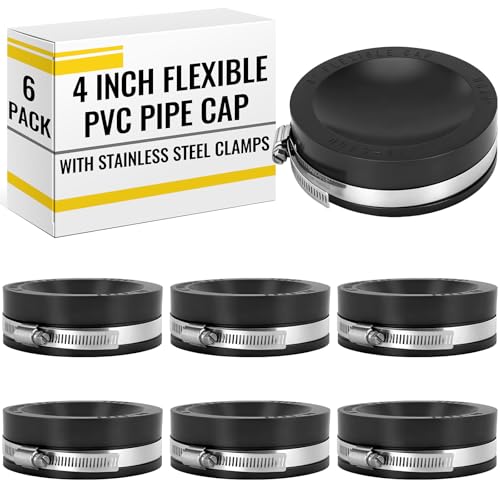 Image of 6 Pack 4 Inch Flexible PVC Pipe Cap with Stainless Steel Clamps - Black Durable End Caps for Drainage, Wastewater & Vent Pipes, Above /below Ground Use