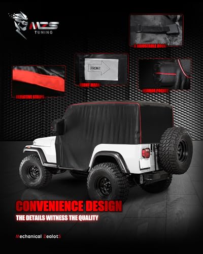 Image of MZS Cab Cover Compatible with Wrangler TJ YJ 2 Door 1986-2006, 600D Waterproof Wrangler Cover with Mirror Pocket 6 Gust Hook Car Half Covers Windproof Sun Snow Rain Scratch Protection