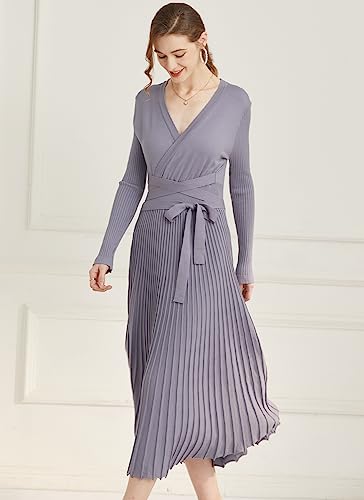 Image of RanRui Womens Winter Fall Pleated Knitted Fit and Flare Long Sleeve Sweater Dress