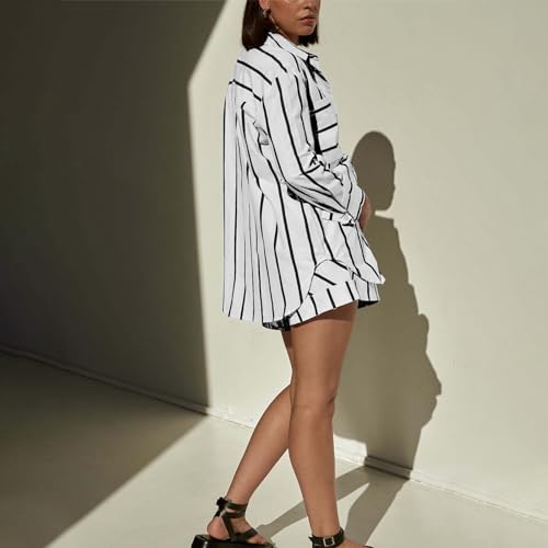 NSICBMNO 2 Piece Outfits Women Loungewear Sets Striped Shirt And Shorts Co Ord Summer Sets Tracksuit Set Two Piece Lounge Sets Casual Outfits Matching Shorts Sets For Going Out Holiday Beach - Image 5