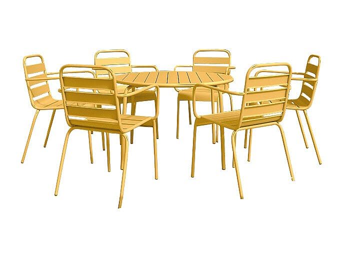 Vente unique Comedor de jardÌn de Metal   Mesa Redonda D.130cm y 6 sillones apilables   Amarillo Mostaza   MIRMANDE de MYLIA