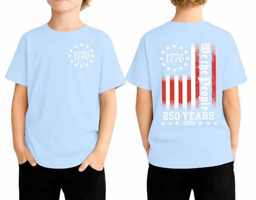Xynerix Kids 250th Anniversary USA Shirts Boys Girls American Flag T-Shirt 4th of July Shirt 250 Years Patriotic Tops (LightBlue2 130)