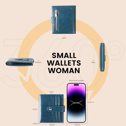 Women's Slim Leather RFID Blocking Bifold Wallet with Zipper Coin Pocket - Minimalist Small Credit Card Holder (Peacock Blue)3