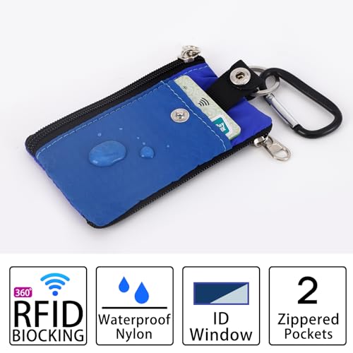 Image of MASAPHlL Small Lanyard Wallet for Women /Men with RFID ID Card Wallet, Minimalist Nylon Zipper Pouch, Travel Neck Wallet with Keychain, ID Window for Card,Coin,Cash (Blue+Treasure Blue)