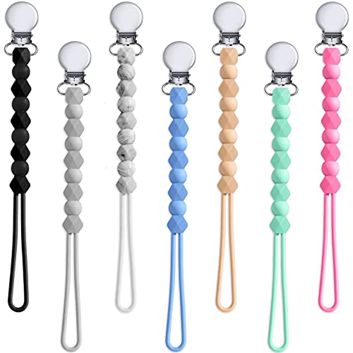 7 Pieces Silicone Pacifier Clip One-Piece Teething Silicone Beads Teether Pacifier Clip Baby Silicone Pacifier Chain Fits Most Pacifier Styles for Unisex Baby Birthday Christmas Shower Gift, 7 Colors