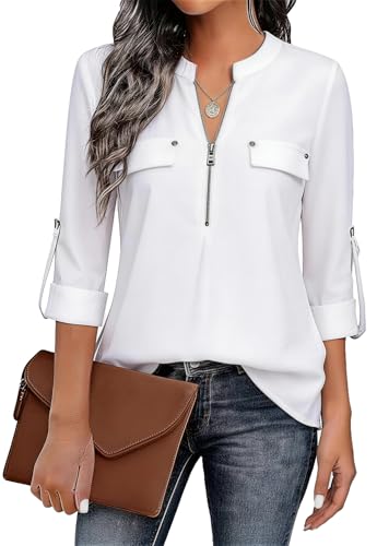 Image of Bulotus 3 /4 Length Sleeve Womens Striped Tops Zipper V Neck Collared Blouses Business Casual Tunics 2026 Spring Trendy