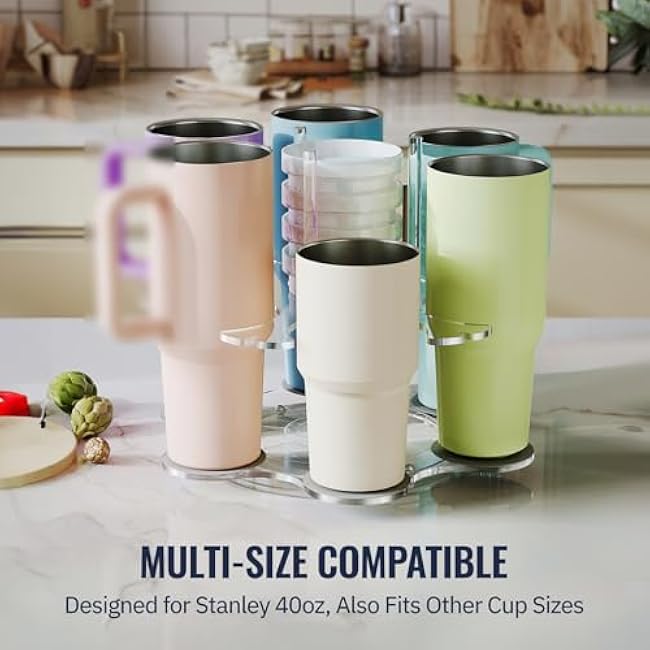 NiHome Rotating Clear Acrylic Water Bottle Organizer Rack, 360¡ã Rotatable Cup Holder, Multi-Size Compatible with Stanley 40oz & More, Durable Transparent Material, Anti-Slip Pad, Lid Storage Feature