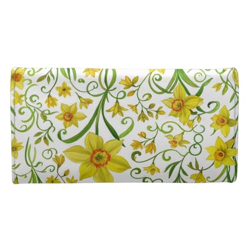 March Gold Daffodil Slim Wallet for Women Birth Flower Painting Trifold Long Credit Card Holder, Botanical Floral Leather Checkbook Wallet for Ladies3