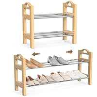 LEMIKKLE Shoe Rack, Oak Wooden Shoe Storage Rack, 2 Tier Stainless Steel Expandable Design, Ideal for Small Shoe Rack for Narrow Space, Suitable for Entrances, Garages, Bedrooms, Cloakrooms