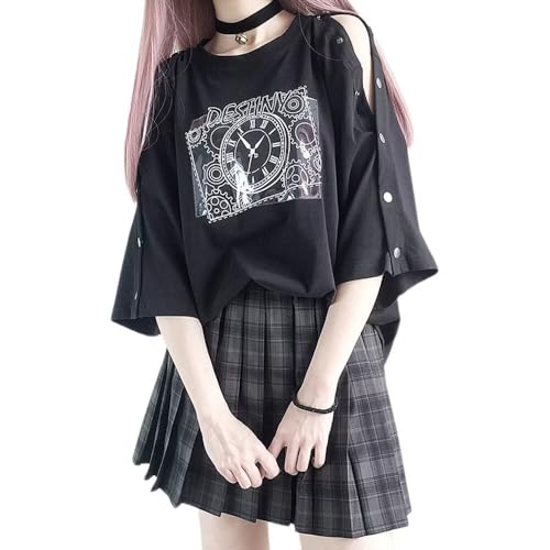 [YoniStar] 地雷系 肩出し トップス サブカル系 半袖 Tシャツ レディース 病みかわいい 原宿系 韓国系 ファッション おしゃれ(3XL ブラック)のサムネイル