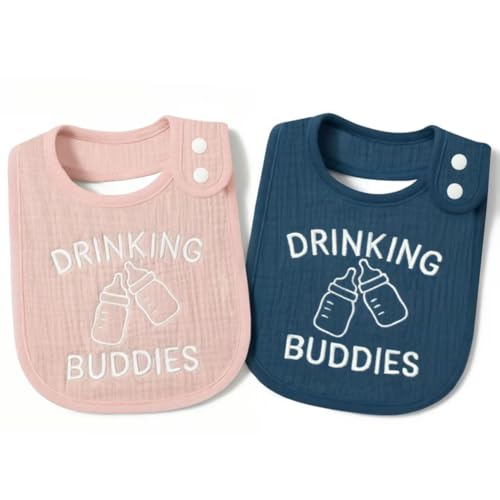Tkusteigs Twin Bibs – Ultra-Soft Cotton Yarn Twin Baby Bibs - 'Drinking Buddies' Design, High Absorbency, Perfect Infant Gift(boy and girl)