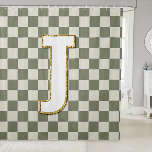 Image of Erosebridal Sage Green Checkered Bathroom Accessories Plaid Initial J Shower Curtain Personalized Monogram Bathroom Curtain for Kids Adults 72 inch Wx72 L Fashion Grids Gingham Shower Decor