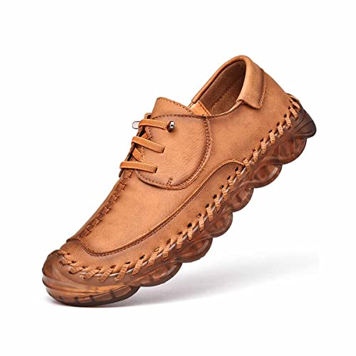 MSYINGL Men’s Leather Casual Slip On Loafers,Handmade Stitching Lace Up Walking Shoes Driving Shoes