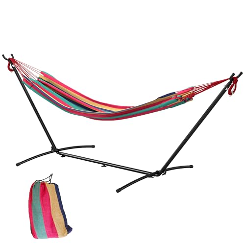 Outsunny Hamaca con Soporte 310x117 cm Hamaca de Camping con Bolsa de Transporte Portátil Altura Ajustable Carga 120 kg para Patio Terraza Rayas Naranja y Rojo