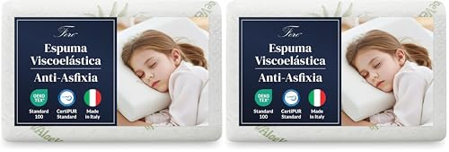 Ferò Almohada Bebe Antiahogo 30x50x5,5 cm de Espuma Viscoelástica, Certificados Oeko-Tex® y CertiPUR™, con Funda Extraíble de Aloe Vera, Almohada Niños 2 Años (Paquete de 2)