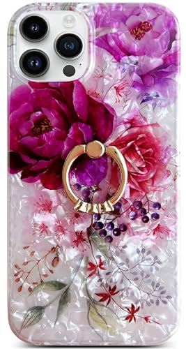 Qokey Compatible with iPhone 12 Pro Max 6.7 inch 2020 Flower Clear Case Cute Fashion Design for Men Women Girls with 360 Degree Rotating Ring Kickstand Soft TPU Shockproof Cover Purple Red Floral