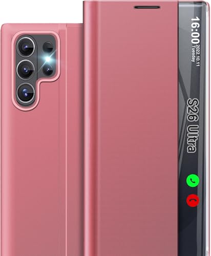 Étui Samsung Galaxy S26 Ultra 5G antichoc avec support vidéo et rabat miroir rose